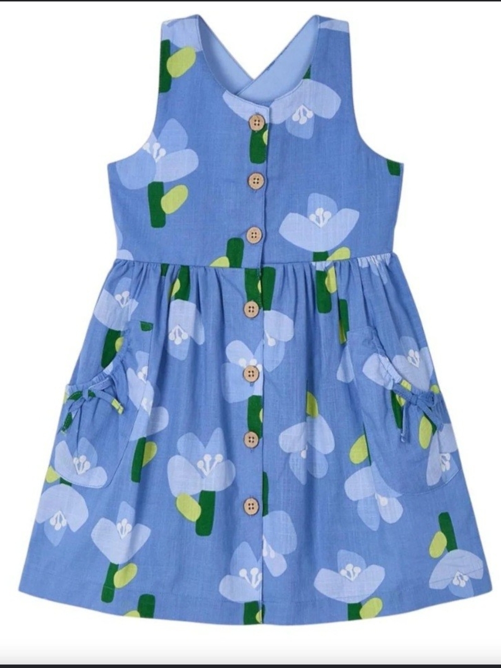 Mayoral Blue Floral Button-Front Dress with Green Accents
